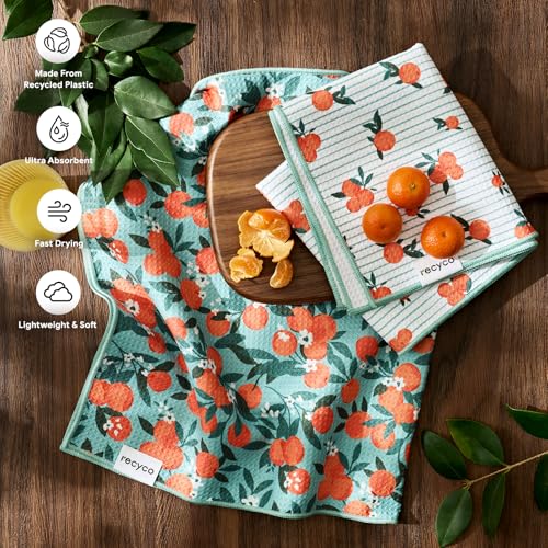 RECYCO Waffle Kitchen Towel Set of 2 - Quick Dry Microfiber Sustainable Dish Towels - Ultra Absorbent Reusable Cleaning Tea Towels - Lightweight Hand Towels,16”x 28”, Clementine Grove - color: Clementine Grove