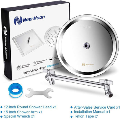 NearMoon Rain Shower Head with 11'' Adjustable Arm, High Pressure Stainless Steel Rainfall Shower, Ultra-Thin Design - Pressure Boosting (12 Inch, Chrome) - color: Chrome, size: 12 Inch