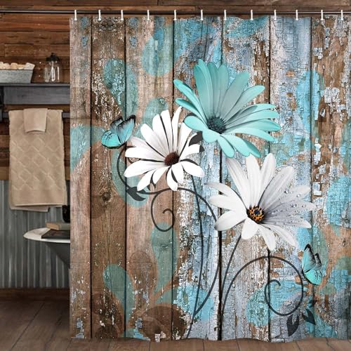 JAWO Farmhouse Flower Floral Shower Curtain, Rustic Teal Turquoise Daisy Shower Curtain Set, Country Blue Wild Garden Plant Fabric Shower Curtain with Hooks, Surreal Bathroom Curtain, 69x70inch - color: Daisy-teal, size: 69"W x 70"L (Pack of 1)