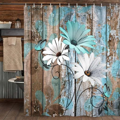 JAWO Farmhouse Flower Floral Shower Curtain, Rustic Teal Turquoise Daisy Shower Curtain Set, Country Blue Wild Garden Plant Fabric Shower Curtain with Hooks, Surreal Bathroom Curtain, 60x70inch - color: Daisy-teal, size: 60"W x 70"L (Pack of 1)