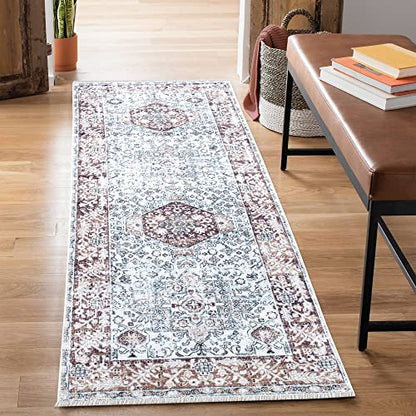 Bloom Rugs Caria Washable Non-Slip 10 ft Runner - Beige/Brown Traditional Runner for Entryway, Hallway, Bathroom, and Kitchen - Exact Size: 2'6" x 10' - color: Beige / Brown, size: 2'6" x 10' (Runner)