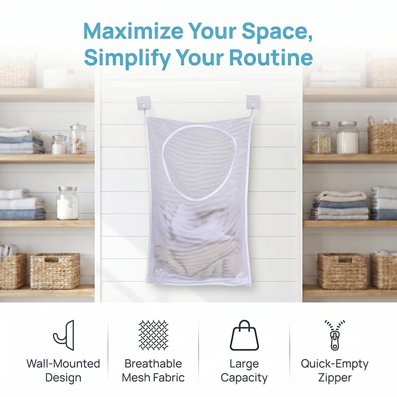 Hanging Laundry Hamper, Over the Door Laundry Hamper with Adhesive Hooks and Zipper for Bathroom and Bedroom, Whtie
