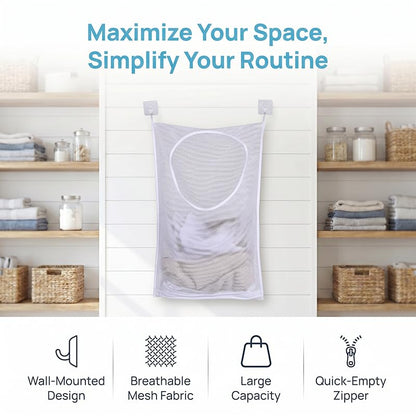 Hanging Laundry Hamper, Over the Door Laundry Hamper with Adhesive Hooks and Zipper for Bathroom and Bedroom, Whtie