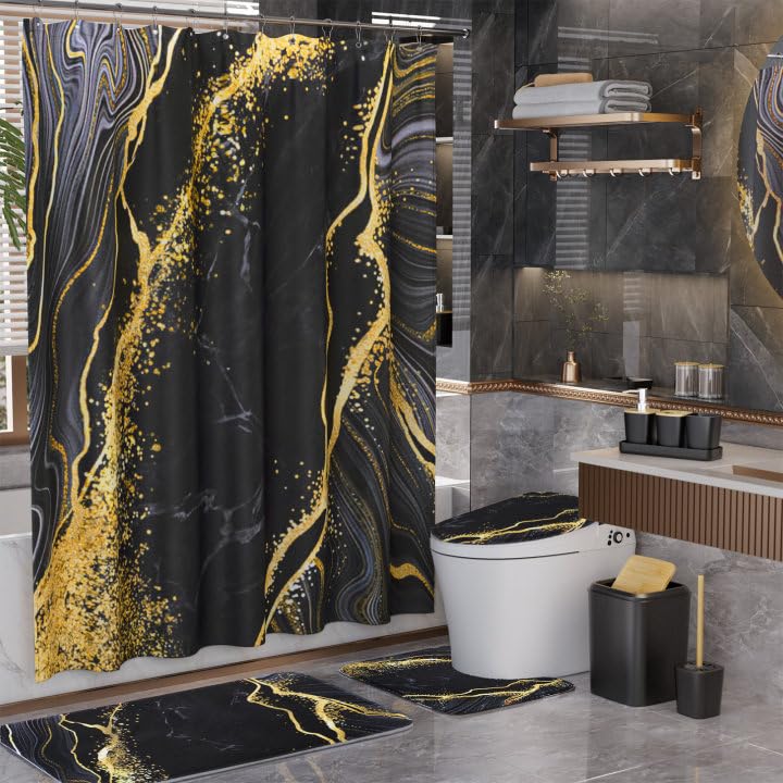 XLHOMO Bathroom Set Bathroom Sets with Shower Curtain and Rugs,Black Bathroom Accessories Set Waterproof Black and Gold Shower Curtain Set - size: Bath Set+Shower Curtain+Bath Rugs, style: Black7