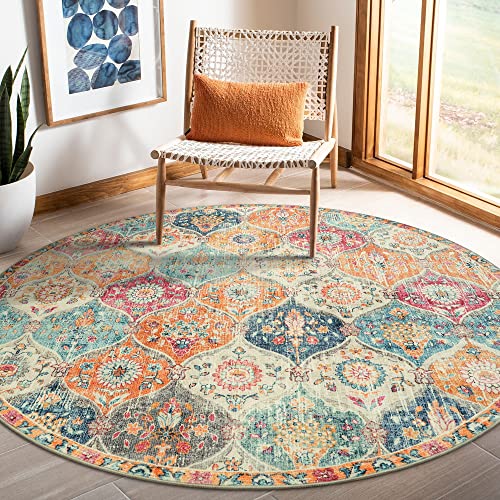 Lahome Moroccan Washable Round Area Rug, Round Rug 5ft Soft Non-Slip, Non-Shedding Distressed Circle Carpet for Bedroom Living Room Bathroom Nursery Kitchen Elise, Burnt Orange - color: Burnt Orange/Teal Multi, size: 5' (Round)