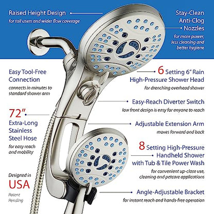 AquaCare 50-mode High Pressure Shower Head Combo with Arm & Dual Power Wash | Hygienic Jets, 2-mode Handheld Power Wash for Tub, Tile & Pets, Long 6 ft. Stainless Steel Hose, Extra Wall Bracket / Nickel - color: Satin Nickel, style: 2.5 Gallons Per Minute