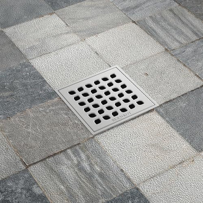 Square Shower Drain with PVC Bonding Flange Base, 4" Brushed | 304 Stainless Steel Drain w/ Drain Key for Low Profile Shower Tiles, CUPC Certified - color: Brushed4"