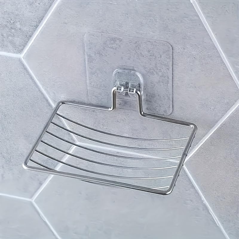 Wall-Mounted Soap Box 1pc - No Drilling Stainless Steel Soap Holder with Drainage Design, Adhesive Installation for Bathroom & Kitchen, Creative Soap Storage Solution