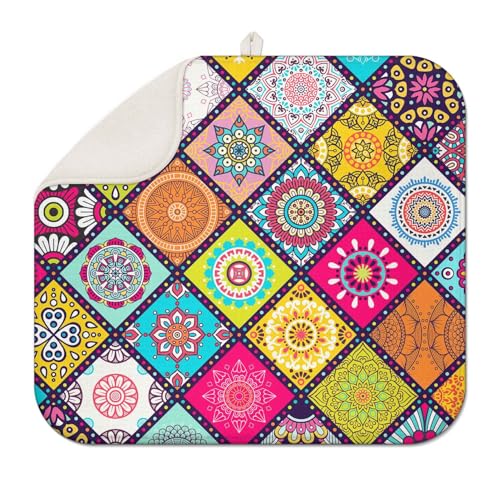 Boho Plaid Floral Counter Dish Drying Mat, 16x18, Colorful Stone Style Pad | Quick-dry microfiber pad catches water, cushioned non-slip base protects counters, compact mat stores easily for daily use - color: BOHO 03, size: 16" x 18"