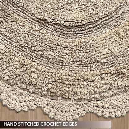 Beige Crochet Bathrug, 100% Cotton, 24x40 Inch | Oval Bathmat, artisanally Handcrafted Crochet Border, Large Rug, Master bathrooms, bathtubs, Bedside, Nursery - color: Beige, size: 2' x 3'4" (Oval)