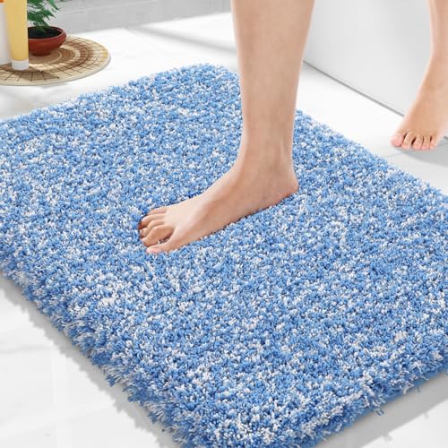 Yimobra Bathroom Rugs Non Slip Washable, Ultra Soft and Water Absorbent Bath Mats, Plush Fluffy Shower Mat Outside, Microfiber Thick Matts for Bathroom Floor/Sink, 24X17, Blue and White - color: Blue and White, size: 17" X 24"