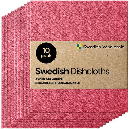 Swedish Wholesale Dishcloths Reusable 8" x 7" Sponge Cloths, Bulk 10 Pack of High Absorbent Cellulose Dish & Kitchen Cleaning Hand Towels, Wring to Dry & Machine Wash, Odor Resistant, Red - color: Watermelon Red - Dishcloths
