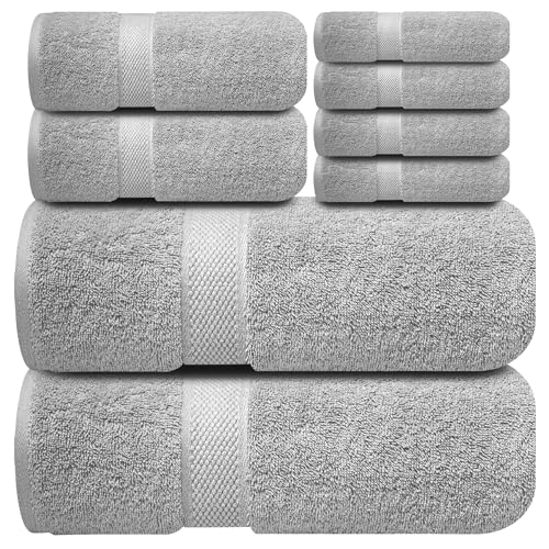 Infinitee Xclusives 100% Cotton Bath Towel Set – 8 Piece Bathroom Towel Set | (2 Bath Towels, 2 Hand Towels, 4 Washcloths) – Soft & Absorbent Towels for Bathroom - Gym, Shower, Spa & Hotel Use - color: Charming Grey, size: Towel set - 8 Pack