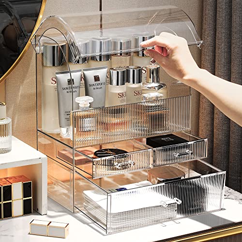 Professional Large Cosmetic Makeup Organizer Bathroom Storage Display Case with Drawers - color: Clear with Stripes