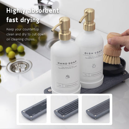 [Luxury] Kitchen Soap Dispenser Set - 16OZ White Glass Bottle, Stainless Steel Pump, Instant Dry Tray, Waterproof Labels, Non-Slip Silicone Pad, and Dish Brush | Upgrade for Your Kitchen and Bathroom - color: White Bottle + Gold Pump