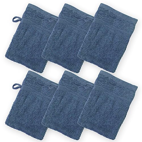 High Rise Stripe 6 Pack 6 x 8.5 Wash Mitt Set, Low Twist, Highly Absorbent, Gentle Hand and Face Cloth, European Style with Loop, Indigo - color: Indigo