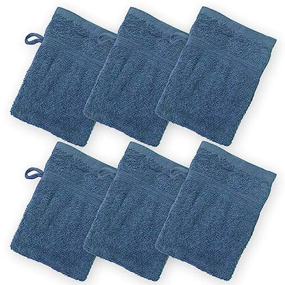 High Rise Stripe 6 Pack 6 x 8.5 Wash Mitt Set, Low Twist, Highly Absorbent, Gentle Hand and Face Cloth, European Style with Loop, Indigo - color: Indigo