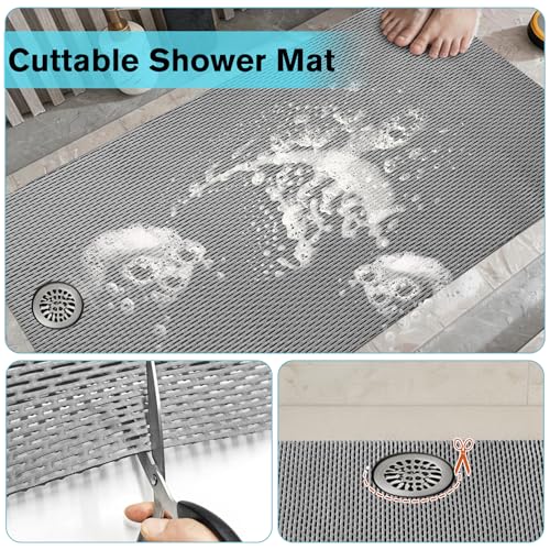 Extra Large Non-Slip Shower Mat, 58.26" x 31.49" Bathroom Shower Mat, Fast-Dry Drainage Hole PVC Bath Tub Mat, Anti Slip Bathroom Safety Accessory for Elderly/Kids, Gray