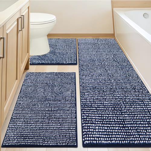 3 Piece Luxury Chenille Bathroom Rugs Non Slip, Extra Soft Absorbent Striped Bath Mats for Bathroom, Machine Washable Quick Dry Shower Floor Rug, Home Decor Accessories, Dark Blue & White - color: Dark Blue & White, size: 24" x17" + 48" x20" + U Shape 24"