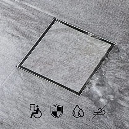 SaniteModar Shower Drain 4 inch Brushed with 2 in1 Tile Insert Cover | 304 Stainless Steel Brushed Square Shower Drain with Hair Catcher and Threaded Adapter - color: Tile Insert Grate, size: 4 inch