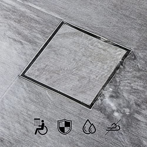 SaniteModar Shower Drain 6 inch Brushed with 2 in1 Tile Insert Cover | 304 Stainless Steel Brushed Square Shower Drain with Hair Catcher and Threaded Adapter - color: Tile Insert Grate, size: 6 inch