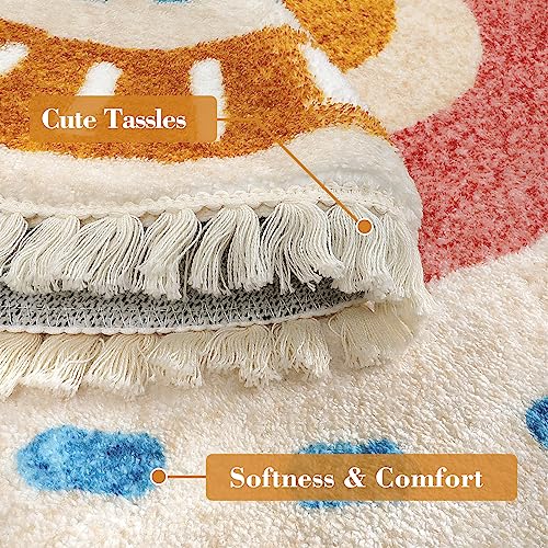 Lukinbox Boho Bathroom Rugs -2Ft Washable Round Area Rug, Soft Circle Bedroom Rug with Fringes, Small Colorful Non-Slip Sun Circular Rainbow Throw Rugs for Kids Room Chair Sofa Entryway - size: 2' (Round)