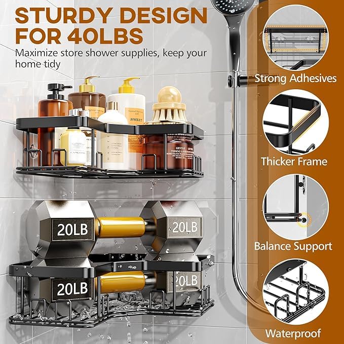 5-Pack Adhesive Shower Caddy - Rustproof Stainless Steel Bath Organizer | No-Drill Installation, Large Capacity, With Soap Dish & Toothbrush Holder, Multi-Functional Storage