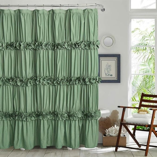 Homechoice Decor Light Green Ruffle Shower Curtain 72“ W x 84” H | Vintage Handcrafted Bow Tie Bath Curtain for Master Bathroom, Ruched Microfiber Bathroom Curtain with 12 Buttonholes (LQ-10) - color: Light Green, size: 72"W x 84"L (Each Curtain)