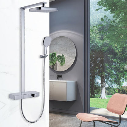 Thermostatic Dual Handle Shower System with Brass Construction Chrome Brushed Finish Ceramic Valve Core Rain Spray Shower Set