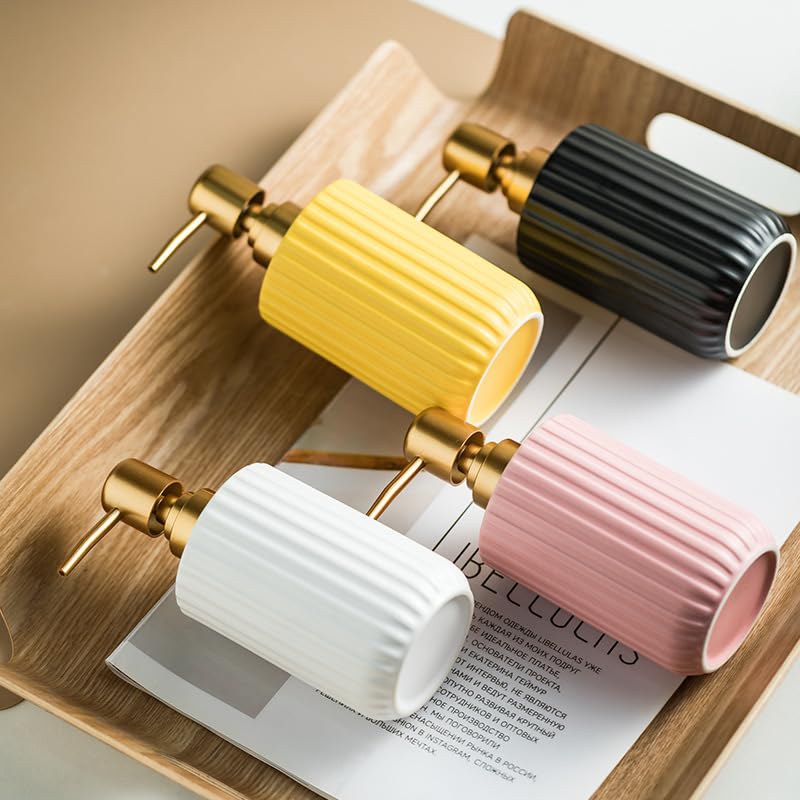 Chic Soap Dispenser, Vertical Stripe Design with Gold Pump(Black) | Cylinder-Shaped Ceramic Lotion Dispenser - color: Black