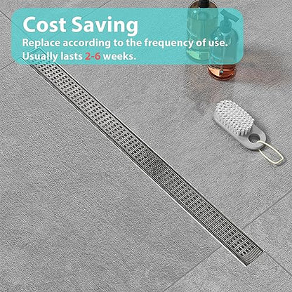 Qeke Disposable Hair Catcher Shower Drain Mesh Stickers, 2.75“ Width, 2Pcs | DIY Shower Drain Cover Hair Catcher for Any Length, 32.8 Foot Hair Stopper for Linear Shower Drain with Removal Tool