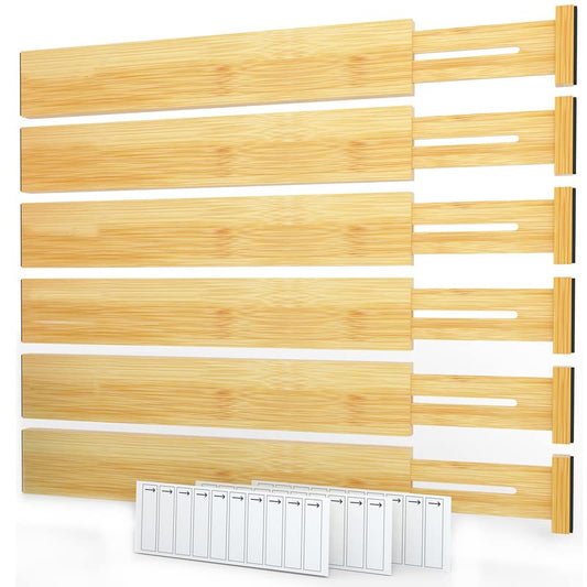 SpaceAid Bamboo Drawer Dividers with Labels, Kitchen Adjustable Drawer Organizers, Expandable Organization for Home, Office, Dressers and Bathroom, 6 Dividers (17-22 in) - size: Long (17-22 in)