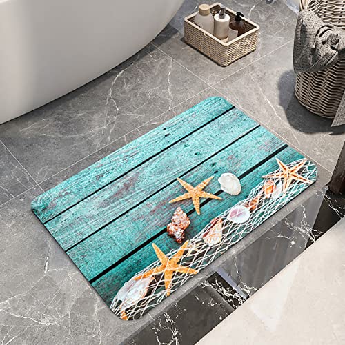 LYFANS Bath Rugs Sponge Foam Absorbent Soft for Bathroom and Kitchen (30 x18 inches), Flannel Mat Non Slip Bright 3D Print for Bedside and Living Room(Starfish on Blue Wooden Board) - color: Starfish on Blue Wooden Board, size: 30 x 18 inches