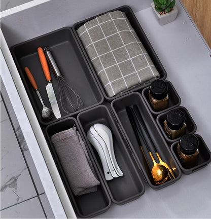 Kutesna 8PCS Plastic Interlocking Drawer Organizer, 3 Sizes Desk Organizer | Versatile Storage Trays, Versatile Plastic Storage Bins for Makeup Vanity, Jewelries, Kitchen Utensils, Bathroom and Office