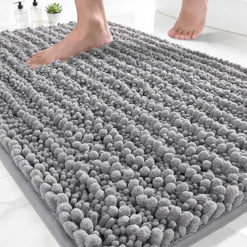 Yimobra Bathroom Rugs Non-Slip Washable – Extra Soft & Absorbent Chenille Bath Mat, Quick-Dry Plush Shaggy Floor & Vanity Bath Rugs for Tub & Shower, Modern Home Decor Accessories, 24 x 17, Grey - color: Grey, size: 24" X 17"