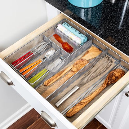 Honey-Can-Do Expandable Steel Mesh Drawer Organizer, 7 Compartments, Silver, Adjustable 11.5 to 20 Inches Wide - size: Medium (Pack of 1), style: 7-Compartment (Expandable)