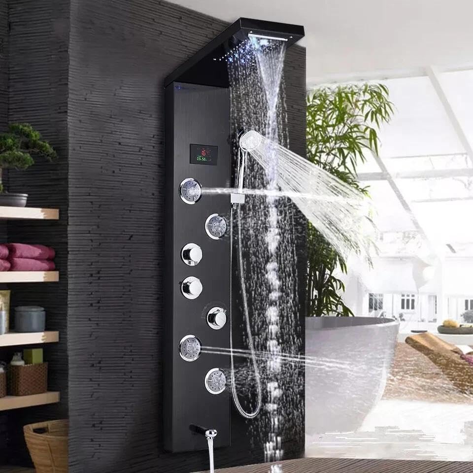 FUZ Matte Black Shower Panel Tower with LED Waterfall Rain Shower Head Digital Temperature Display 4 Body 99D-LFT8011andheld Shower Wand Tub Spout Multi Function Shower System for Bathroom