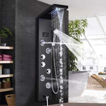 FUZ Matte Black Shower Panel Tower with LED Waterfall Rain Shower Head Digital Temperature Display 4 Body 99D-LFT8011andheld Shower Wand Tub Spout Multi Function Shower System for Bathroom
