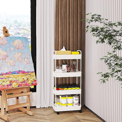 Buzowruil Rolling Storage Cart 4 Tier Organizer Mobile Shelving Unit Storage Rolling Utility Cart with Wheels for Kitchen Bathroom Laundry,White