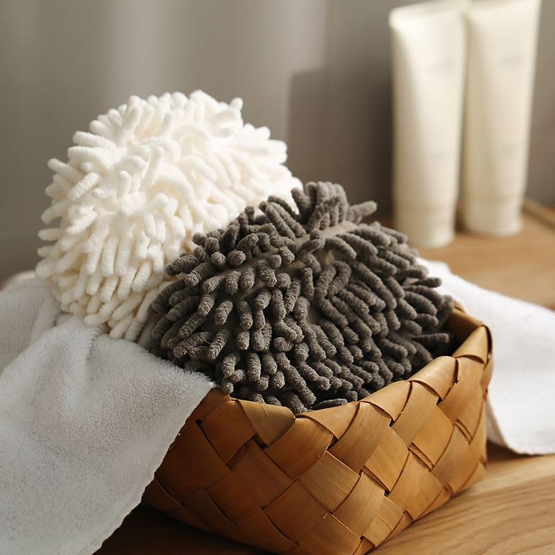 Chenille Hand Towel, Cute Flat Ball Shape, Thickened Sponge Instant Absorbent Quick-Drying Towel, Kitchen Bathroom Hanging Convenient Quick-Drying (White Gray) - color: White Gray