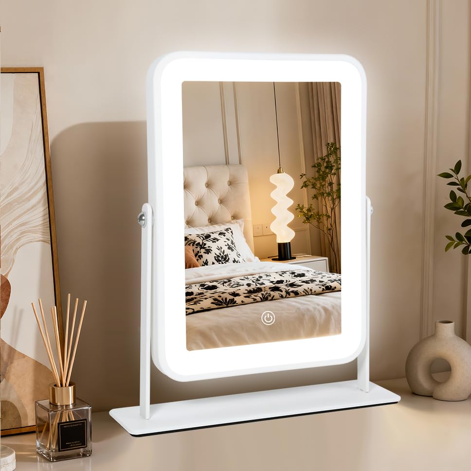 YEKKOPT Small Desk Mirror with Lights, Lighted Makeup Mirror with Light, Portable Tabletop Make Up Mirror for Desk, Vanity Mirror with Lights,Smart Touch Control, Dual Power Supply, 360°Rotation - size: 11"L x 9"W