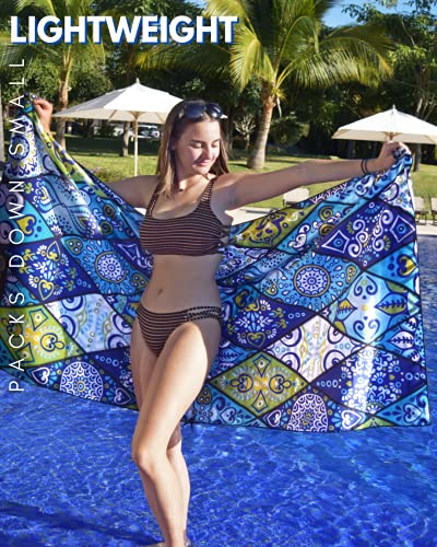 Microfiber Beach Towel - Quick Dry, Sand Free and Oversized 71x35 | Super absorbent, lightweight, swimming, gym, extra large, pool, cruise, camping, yoga, travel, compact, carry bag, vacation - color: Mykonos