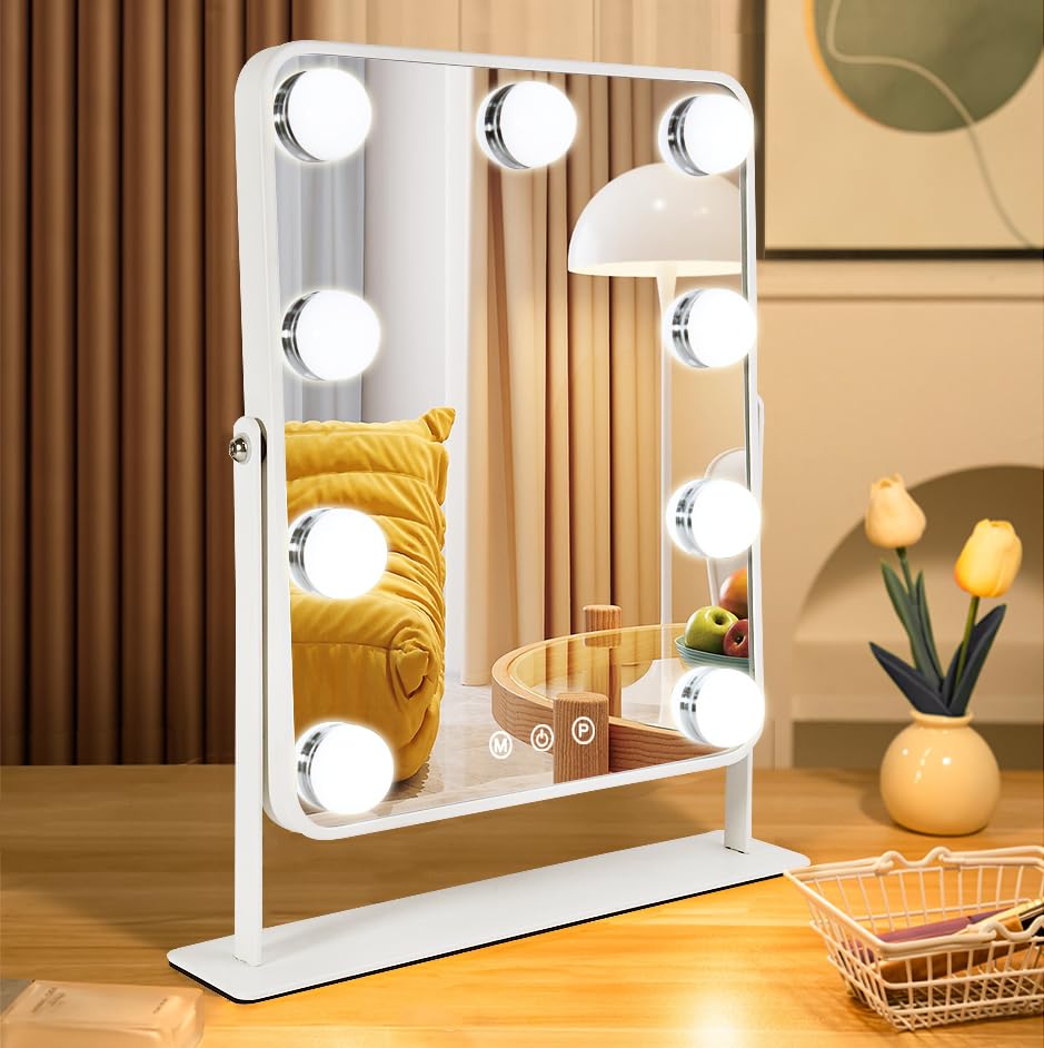 YEKKOPT Vanity Mirror with Lights,Lighted Makeup Mirror with 9 LED Bulbs, Light Up Makeup Mirror with Lights for Dressing Room & Bedroom,Smart Touch Control,360 Rotation - size: 14"L x 12"W