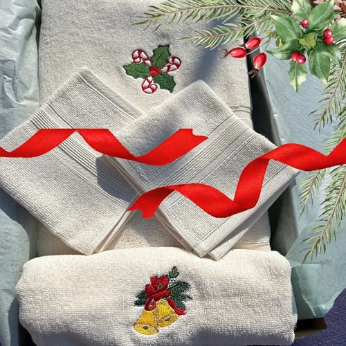 Luzia Christmas Towel Set | Ivory Color | Includes 1 Bath and 1 Hand Towel with Embroidered Designs and 2 Plain Washcloths | Presented in A Beautiful Craft Box - color: Christmas