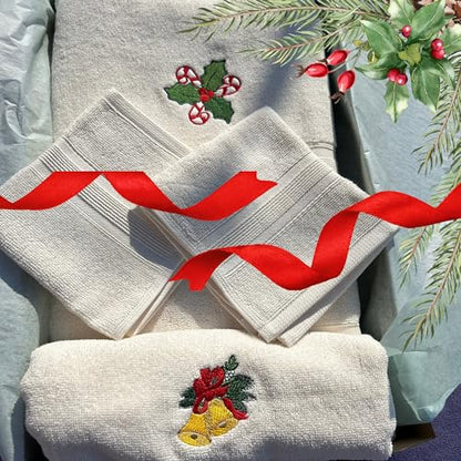 Luzia Christmas Towel Set | Ivory Color | Includes 1 Bath and 1 Hand Towel with Embroidered Designs and 2 Plain Washcloths | Presented in A Beautiful Craft Box - color: Christmas