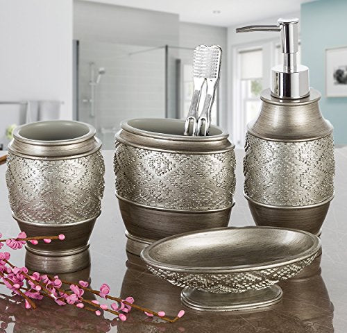 Creative Scents Dublin Silver 6 Piece Resin Bathroom Accessories Set | Includes Toilet Brush and Holder, Tissue Box Cover, Soap Dispenser, Toothbrush Holder, Tumbler Cup & Soap Dish - style: 6 Piece Set