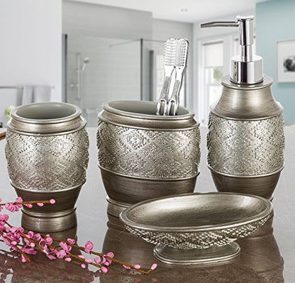 Creative Scents Dublin Silver 6 Piece Resin Bathroom Accessories Set | Includes Toilet Brush and Holder, Tissue Box Cover, Soap Dispenser, Toothbrush Holder, Tumbler Cup & Soap Dish - style: 6 Piece Set