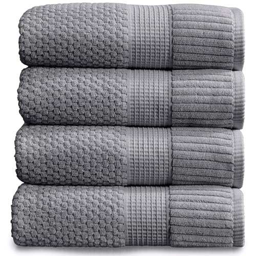 NY Loft 100% Cotton 4-Pack Bath Towel Set | Grey | Oeko-TEX | Quick-Dry | Four 30" x 52" Bath Towels | Super Absorbent | Designer-Styled Texture - color: Charcoal Grey, size: Bath Towel (4 Pack)
