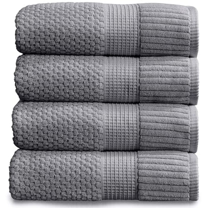 NY Loft 100% Cotton 4-Pack Bath Towel Set | Grey | Oeko-TEX | Quick-Dry | Four 30" x 52" Bath Towels | Super Absorbent | Designer-Styled Texture - color: Charcoal Grey, size: Bath Towel (4 Pack)