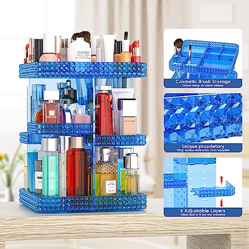 Makeup Organizer, 360 Degree Rotating Adjustable Cosmetic Storage Display Case with 6 Layers Large Capacity, Fits Cosmetics, Perfume, Skin Care, Makeup Brushes, Lipsticks (Blue) - color: Blue